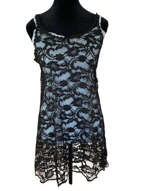 Vintage 90s Black Lace Slip Dress M Sheer Lingerie Coquette Boudoir Goth Fairy Y
